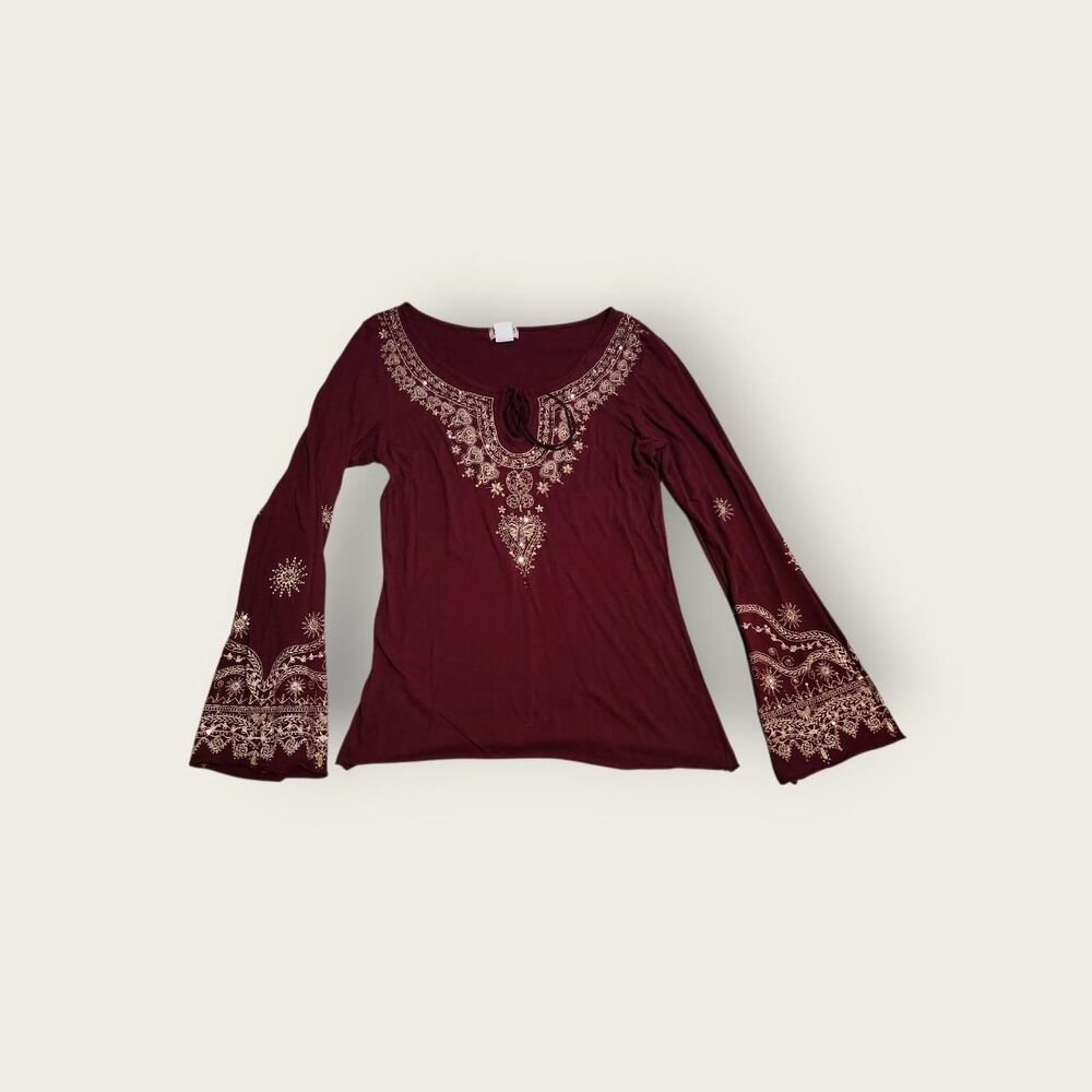 Vintage Y2k early 2000s MKM Designs red and gold boho bell sleeve shirt